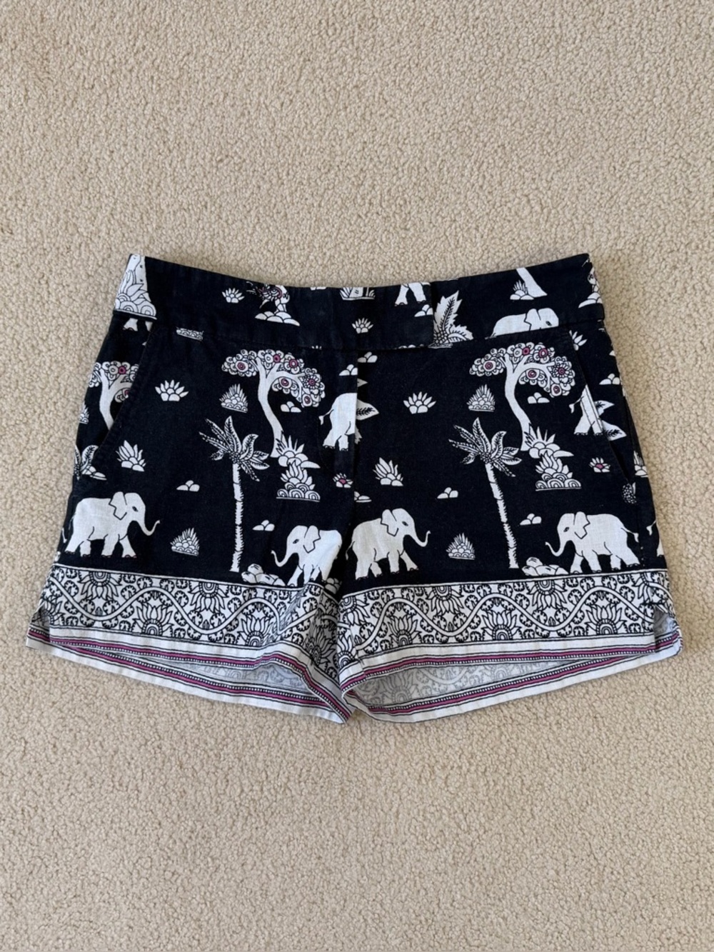 LOFT Navy, White & Purple Linen Elephant Print Shorts